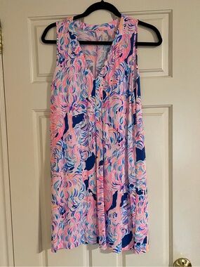 Lily Pulitzer Sleeveless V-Neck Swing Dress in Pink & Navy Swirl Print sz S